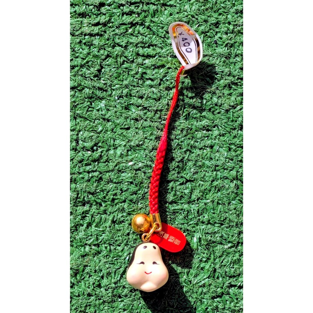 Asian Amulet Charm Red Strap Japanese Chubby Cheeks Pear Face Tassle w/Bell EUC